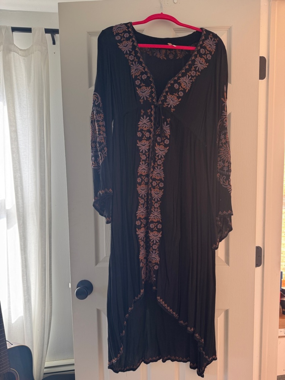 Free People Black Long-Sleeve Embroidered Boho Dress
